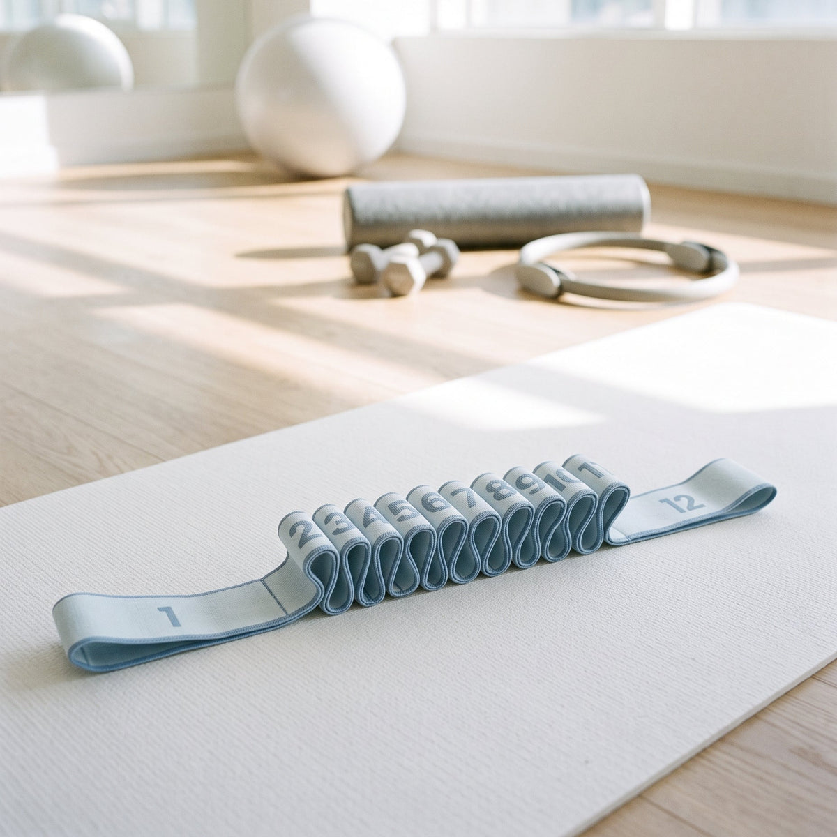 Blue numbered stretch strap with 12 loops on a mat