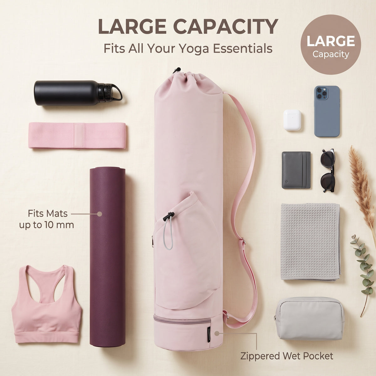 Yoga Mat Bag with Bottle Pocket & Wet Compartment, Fits Mats up to 10 mm