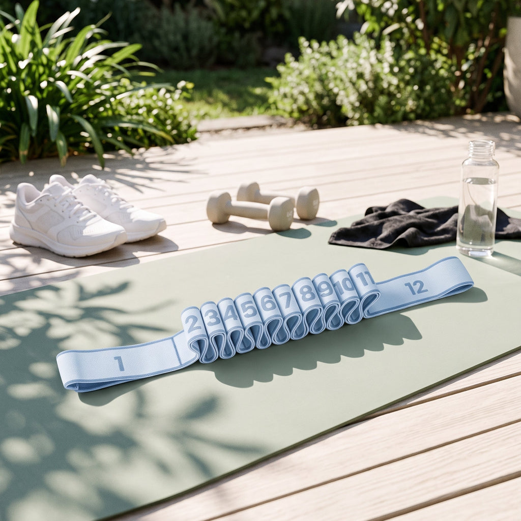 Blue stretch strap on an outdoor yoga mat