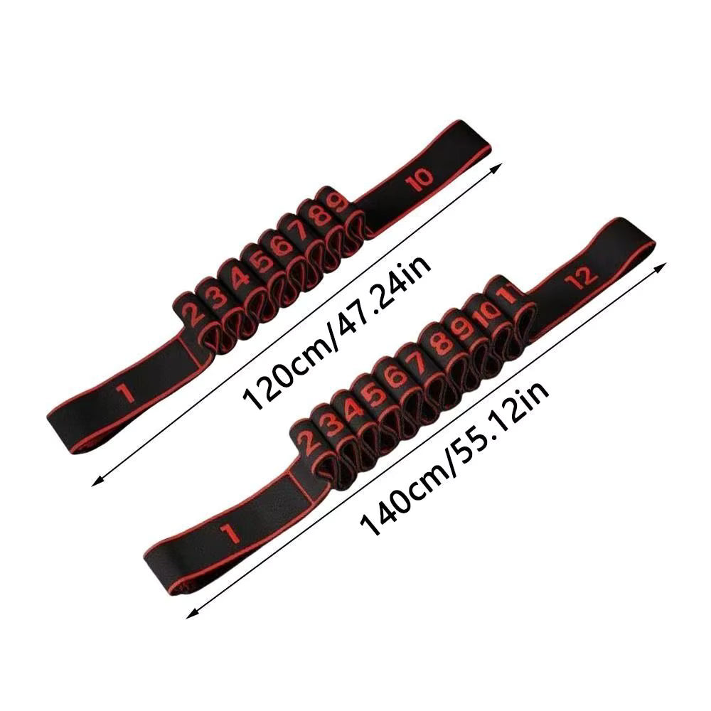 Stretch strap sizes: 10 loops 120 cm / 47 in, 12 loops 140 cm / 55 in