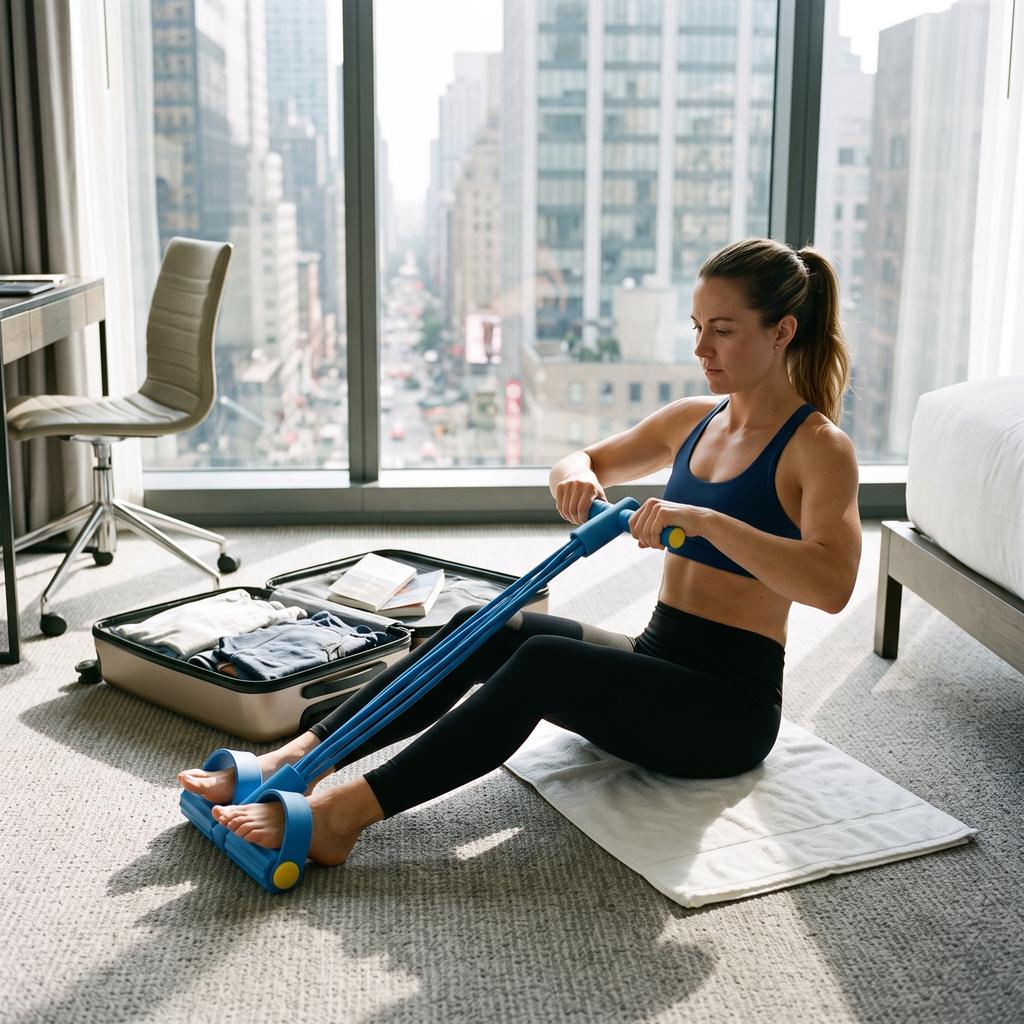 Woman training in a hotel room with the blue Pedal Puller while traveling
